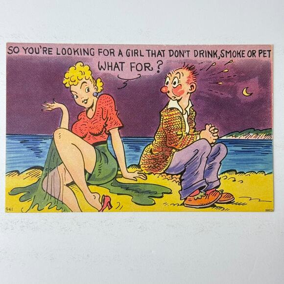 Linen Postcard Comic Cartoon Humorous Looking for a Girl t63 - Picture 1 of 2